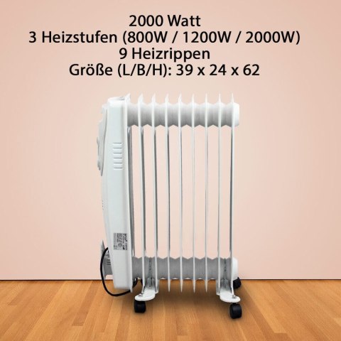BITUXX Elektryczny grzejnik olejowy 2000 Watt 9 żeber BITUXX Elektryczny grzejnik olejowy 2000 Watt 9 żeber