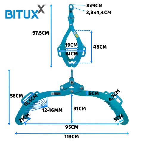 Bituxx Szczypce do transportu kłód 720 mm udźwig 1500 kg stal wytrzymałe Bituxx Szczypce do transportu kłód 720 mm udźwig 1500 kg stal wytrzymałe