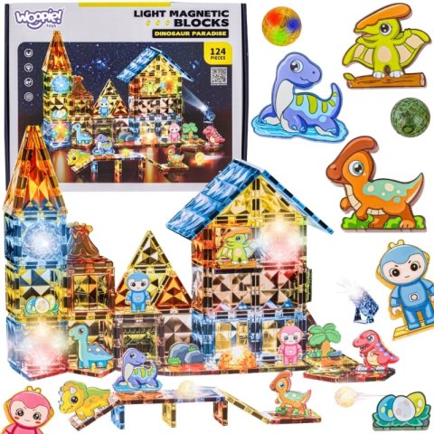 Woopie WOOPIE Klocki Magnetyczne Konstrukcyjne Świecące 3D Park Dinozaurów 124el.