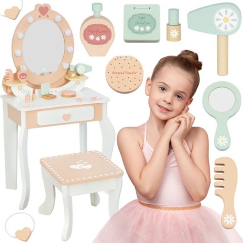 Tooky Toy TOOKY TOY Drewniana Toaletka z Krzesełkiem Akcesoria Lustro z Oświetleniem LED + Kosmetyki