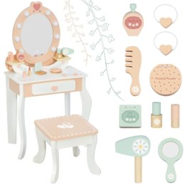 Tooky Toy TOOKY TOY Drewniana Toaletka z Krzesełkiem Akcesoria Lustro z Oświetleniem LED + Kosmetyki