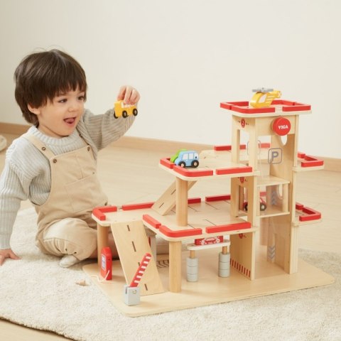 Viga Toys VIGA Drewniany Parking dla Samochodzików z Windą 4 Autka Helikopter