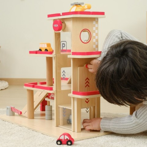 Viga Toys VIGA Drewniany Parking dla Samochodzików z Windą 4 Autka Helikopter