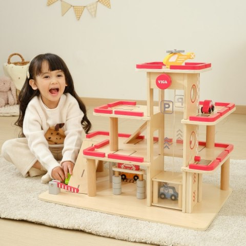 Viga Toys VIGA Drewniany Parking dla Samochodzików z Windą 4 Autka Helikopter