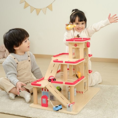Viga Toys VIGA Drewniany Parking dla Samochodzików z Windą 4 Autka Helikopter