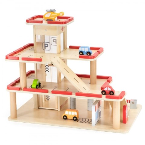 Viga Toys VIGA Drewniany Parking dla Samochodzików z Windą 4 Autka Helikopter