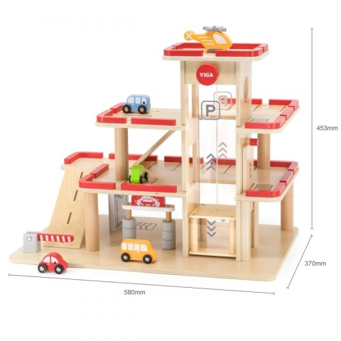 Viga Toys VIGA Drewniany Parking dla Samochodzików z Windą 4 Autka Helikopter