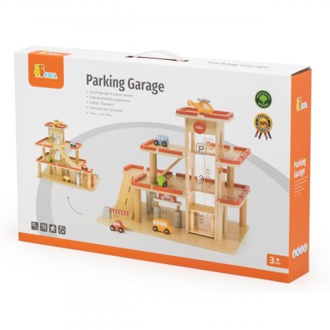 Viga Toys VIGA Drewniany Parking dla Samochodzików z Windą 4 Autka Helikopter