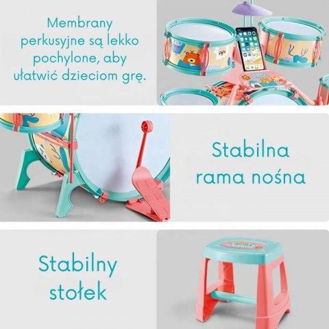 Woopie WOOPIE Perkusja Edukacyjna dla Dzieci 5 Bębnów 1 Talerz + Taboret z Motywem Zwierzątek