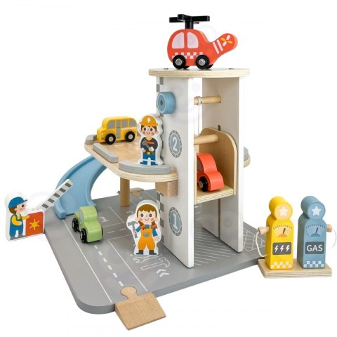 Woopie Let's Go Green WOOPIE GREEN Drewniany Parking Piętrowy 2w1 Stacja Benzynowa z Autkami i Figurkami 12 el. FSC