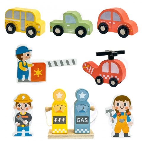 Woopie Let's Go Green WOOPIE GREEN Drewniany Parking Piętrowy 2w1 Stacja Benzynowa z Autkami i Figurkami 12 el. FSC