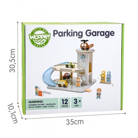 Woopie Let's Go Green WOOPIE GREEN Drewniany Parking Piętrowy 2w1 Stacja Benzynowa z Autkami i Figurkami 12 el. FSC