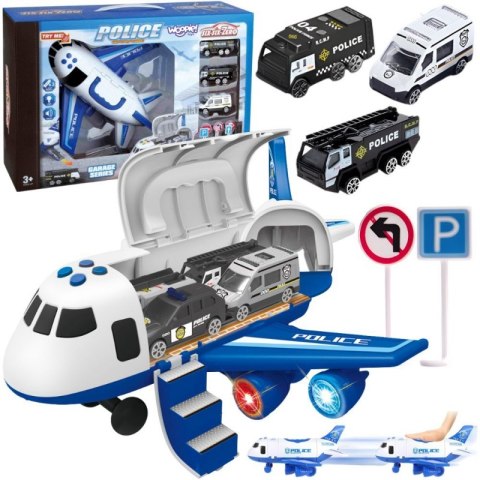 Woopie WOOPIE Samolot Rozkładany Transporter Policja z 3 Autami Policyjnymi Zestaw XL Znaki Drogowe
