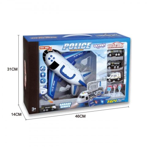 Woopie WOOPIE Samolot Rozkładany Transporter Policja z 3 Autami Policyjnymi Zestaw XL Znaki Drogowe