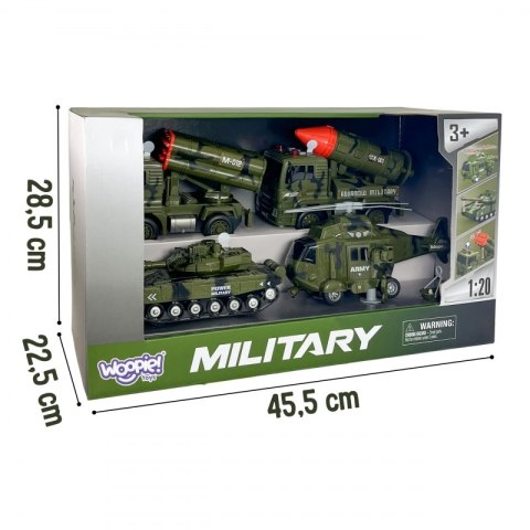 Woopie WOOPIE Zestaw Pojazdów Wojskowych z Wyrzutnią Czołg Helikopter 4SZT Skala 1:20