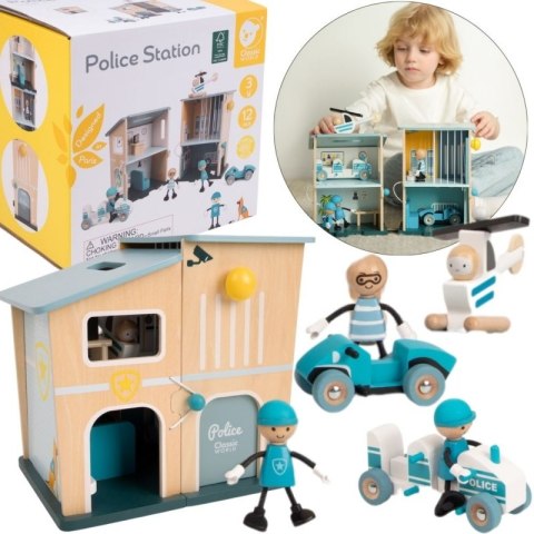 Classic World CLASSIC WORLD Posterunek Policji Drewniany Samochód Helikopter FIgurki 12el.