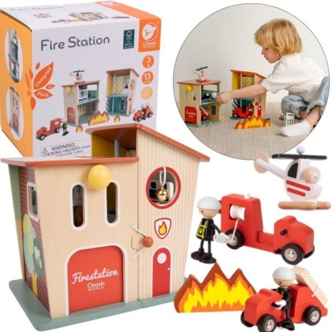 Classic World CLASSIC WORLD Remiza Strażacka Drewniana Garaż Auto Helikopter Figurki 13el.