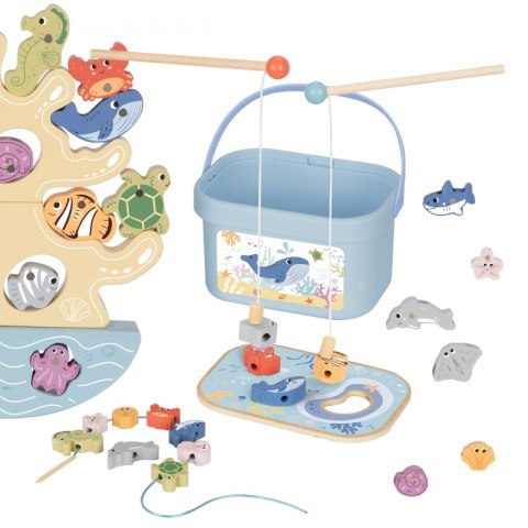 Tooky Toy TOOKY TOY Drewniany Zestaw Morskich Zabawek Wieża Balansująca Łowienie Ryb Figurki 23 Elementy